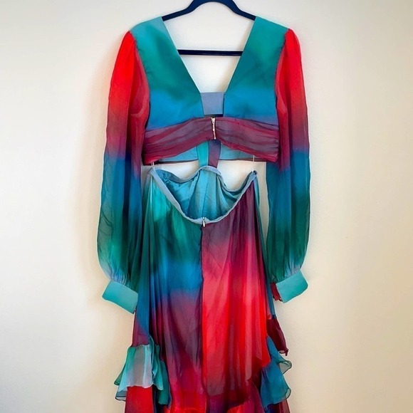 PATBO Sunset Cutout Maxi Dress Red blue green ruffle tiered 12 Rare - Picture 10 of 12